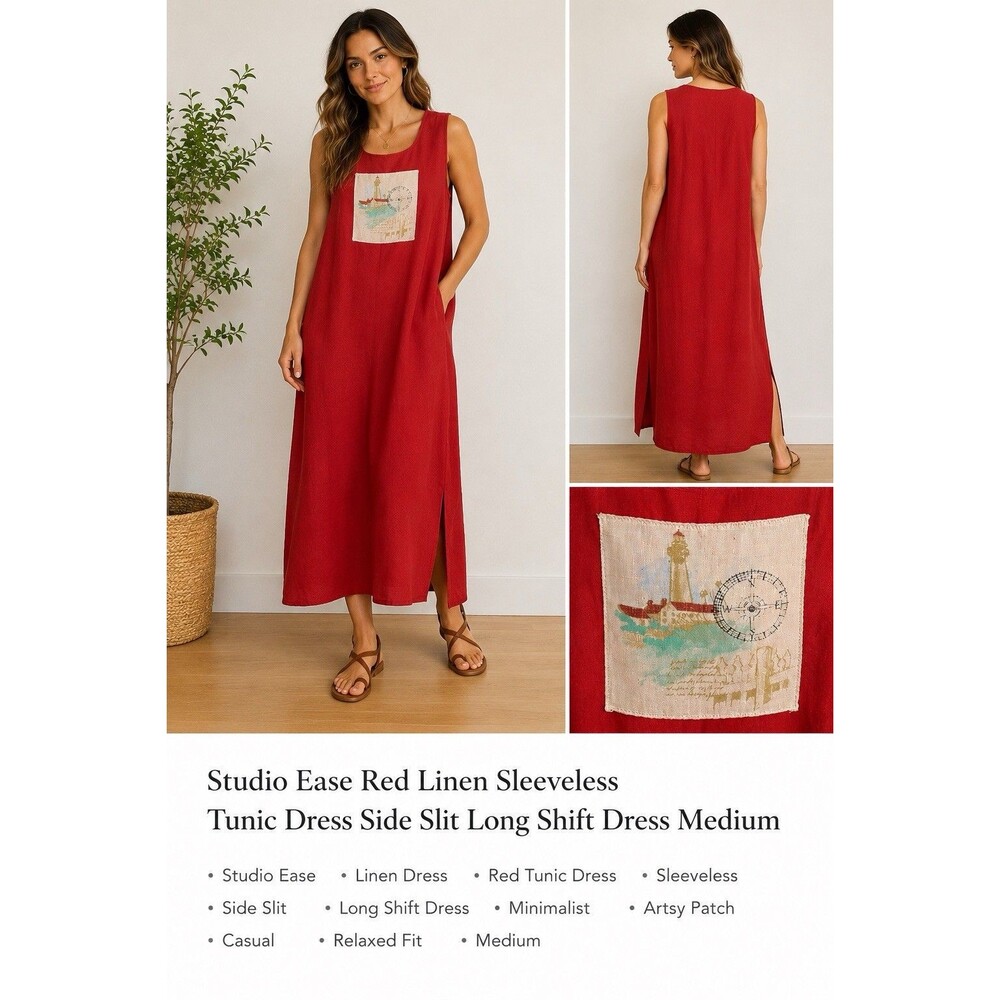 Studio Ease Red Linen Artsy Tunic Lagenlook Vintage Side Slit Shift Coastal Boho
